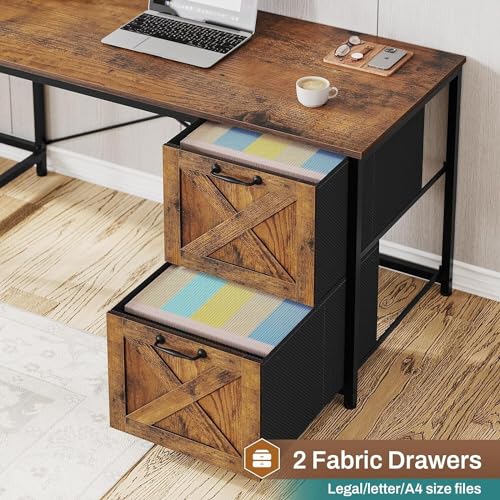 Saranya 18 Shop New Rustic Brown 86.6" L Shaped Desk Computer Two Person Shelf Cabinet File Drawer Storage Shelves Led Lights Reversible Office Study Home 62.2”L x 18.9”W x 65”H of - WoodArtSupply