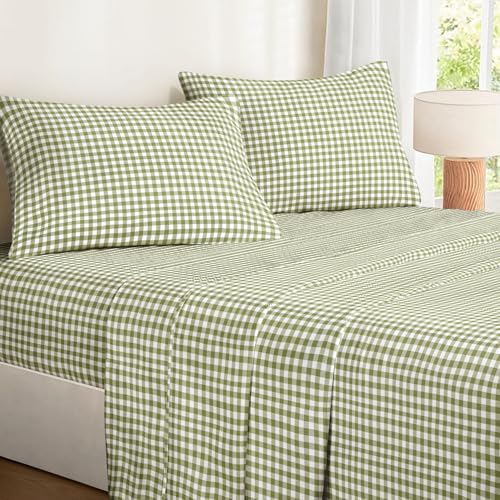 Wake In Cloud - Gingham Bed Sheets, 4-Piece Sheet Set, Plaid Checkered Check Pattern Printed Cute Preppy College Dorm Bedding, Deep Pocket, Moss Green, Full Size Wake In Cloud