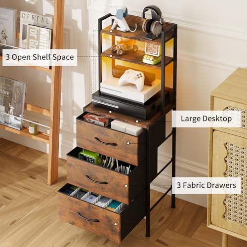 Fixwal 41 Inch Tall Nightstand with Charging Station, Led Night Stand with U-S-B Port & Socket, 3 PU Finished Fabric Storage Drawers, Office, Bedside Table & Bookshelf in One, Rustic Brown Fixwal