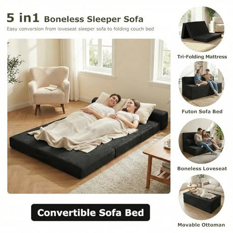 NLDD 5-in-1 Convertible Sofa Bed, Boneless Couch Loveseat Sleeper with Removable Cushions & Washable Cover, Futon Sofa Bed with Handle, Pull Out Couch for Small Spaces, Full Size, Black NLDD