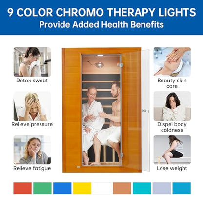 RESTISLAND Canadian Hemlock Wood Far Infrared Sauna Room of Near Zreo EMF, 9 Chromo Therapy Lights, Oxygen Ionizer for Home and Indoor Use, with Bluetooth, LCD Control Pannel, 2 Person