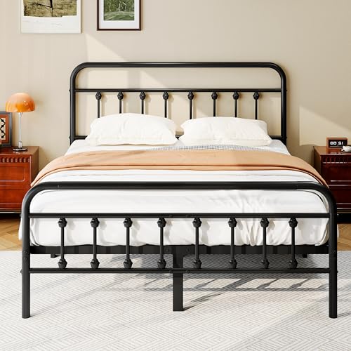 zunatu King Size Metal Platform Bed Frame/Victorian Style Headboard and Footboard/Steel Slat Support/Easy Assembly/No Box Spring Needed/Underbed Storage/Noise Free/Black zunatu