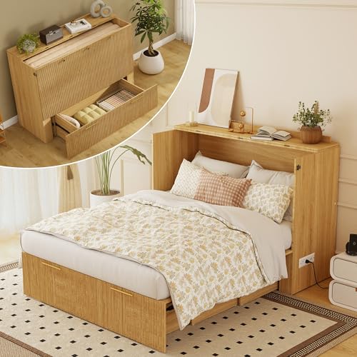 Jotirxe Full Size Murphy Bed: Murphy Cabinet with Charging Station & Large Drawers, Fluted Cabinet Bed with Foldable Panel for Guest Room, Living Room and Office, Oak Jotirxe