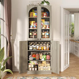 Cyclysio 80" Kitchen Pantry, Tall Arch Storage Cabinet with Tempered Glass Doors, Freestanding Wood Floor Cupboard Bookcase with Seamless Fit Wall for Dining Room, Living Room, Bathroom (Ash Grey) Cyclysio