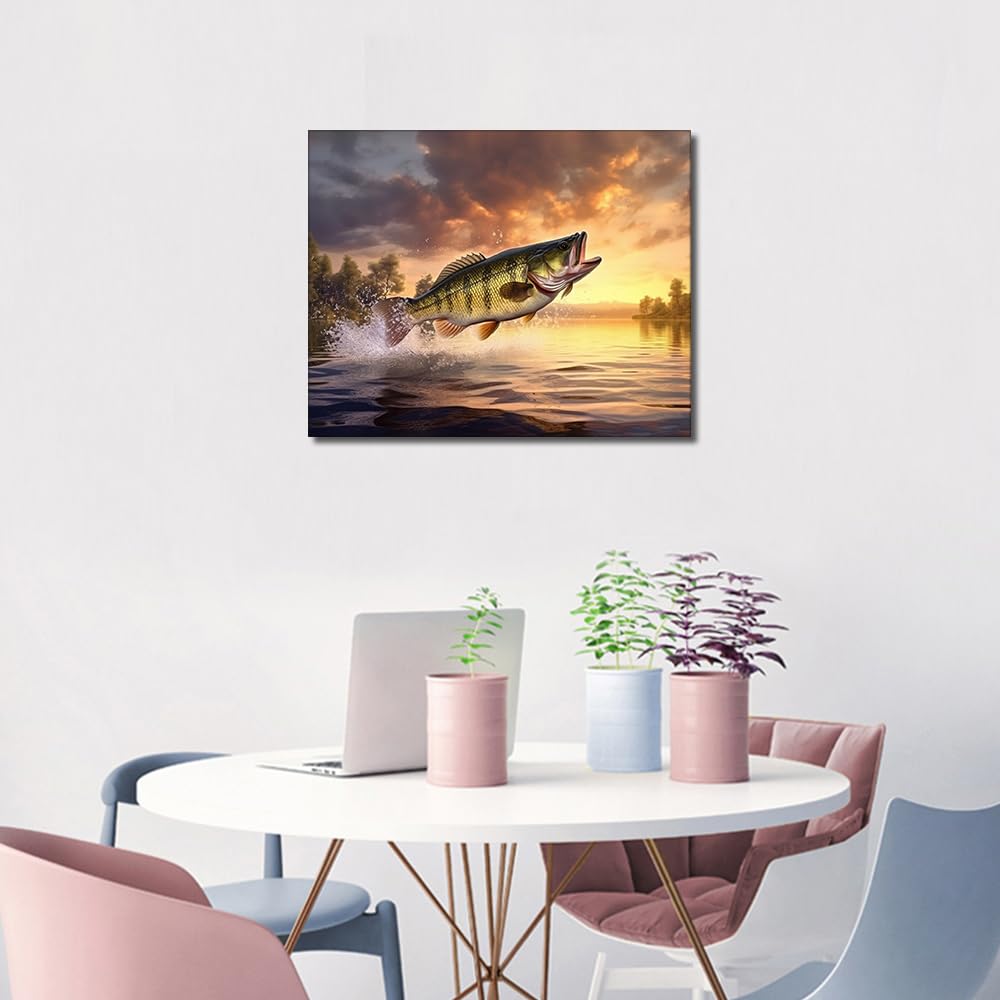 TUMOVO Largemouth Bass Paint by Numbers for Adults Fish Jumping Out of Water DIY Oil Paint by Number On Canvas Yellow Theme Painting Art Crafts Acrylic Paints for Home Decor Painting Gift 16"x20" TUMOVO
