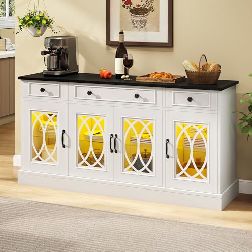 DWVO 65" Buffet Cabinet with 4 Glass Doors Storage, Sideboard Cabinet with 3 Drawers, Coffee Bar with Adjustable Shelves for Kitchen, Living Room, White DWVO