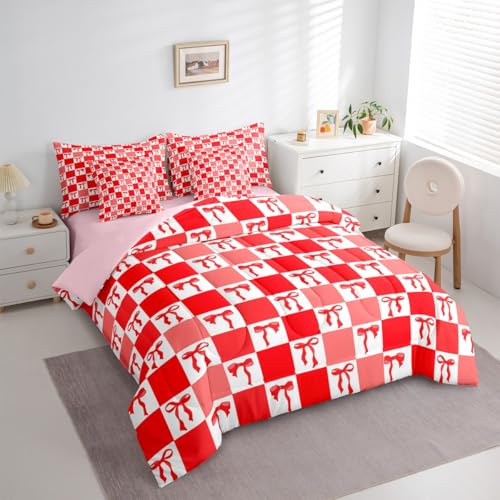 Erosebridal Ribbon Bow 7 Piece Bedding Set Full Grid Comforter Set with Sheets Plaid Check Aesthetic Coquette Kawaii Bed in a Bag Cute Bowknot Red for Kids Girls Women Erosebridal