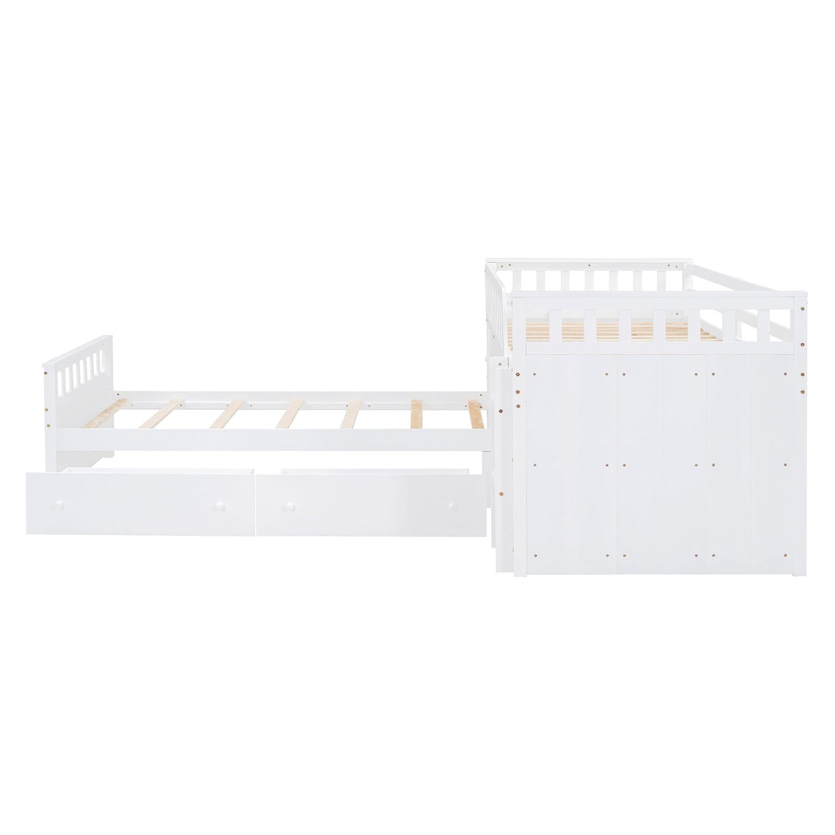 MERITLINE Twin Size Low Loft Bed and Twin Platform Bed Set, Solid Wood L-Shaped Kids Beds Frame with 7 Storage Drawers and Full Guardrails, Space-Saving 2 Beds for Girls Boys,White MERITLINE