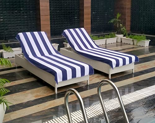 COTTON CRAFT Pool Lounge Chair Cover - 2 Pack - Chaise Beach Picnic Spa Towel - Cabana Stripe - Soft Premium Ringspun Terry Cotton - Oversized - 32 inch Wide x 82 inch Long with 7 inch Pocket – Navy