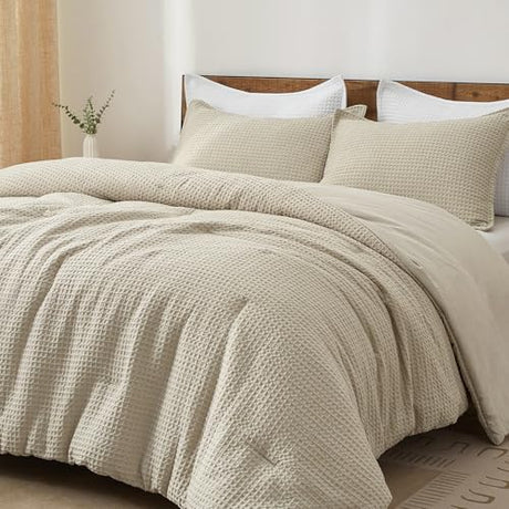 PHF Ultra Soft Waffle Weave Comforter Set King Size, 3 Pieces Lightweight Breathable Comfy Bedding Set, Comfy Textured 1 Comforter with 2 Pillow Shams, Linen PHF