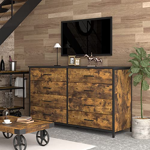 IKENO 8 Drawer Dresser, Industrial Wood Storage Dressers & Chests of Drawers with Sturdy Steel Frame, Storage Dresser for Bedroom Wood (Rustic Brown) IKENO