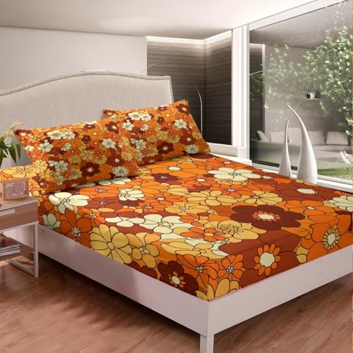 Boho Floral Bed Sheets Set King Retro Groovy Flowers Sheet Set 60S 70S Hippie Flower Power Bedding Set For Kids Girls Women Groovy Natural Garden Botanical Fitted Sheet Orange Brown Flat Sheet 4 Pcs Erosebridal