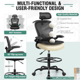 Drafting Chair, Tall Office Chair with 3D Lumbar & Head Support, Ergonomic Mesh Standing Desk Chair with Footring, Comfy Extended High Desk Chair with Flip-Up Arms & Hanger,Black AtHope