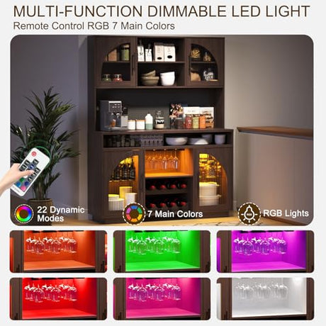71" Pantry Cabinet, 54" Wide Kitchen Cabinet with Charging Station, Kitchen Hutch Storage with Pegboard and LED Light, Large Pantry Cabinets with Adjustable Shelves & Wine Rack for Dining Room, Brown SOLACE FURNITURE