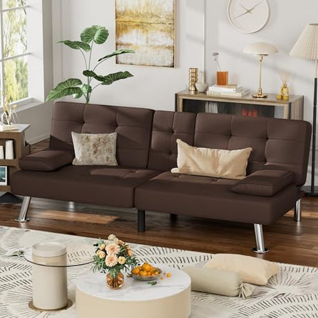 JUMMICO Faux Leather Futon Sofa Bed Futon Couch with Removable Armrests Adjustable Sleeper Sofa Bed with 2 Cup Holders for Living Room (PU Leather, Brown) JUMMICO