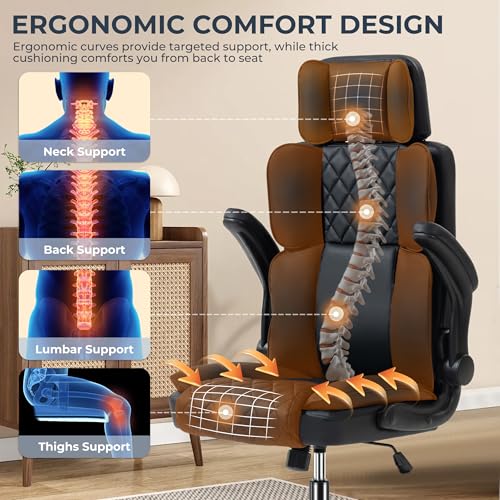 Office Chair with Adjustable Headrest, Faux Leather Executive Home Office Desk Chairs with Ergonomic Back Support, Padded Flip-Up Armrests, Swivel Rolling Computer Chair for Work, Study, Black ACFOUL