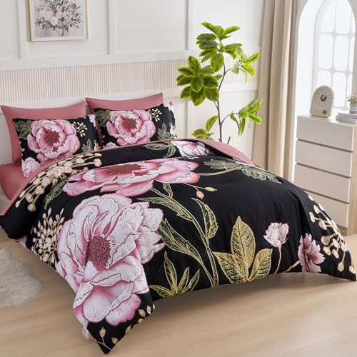 Luxudecor Floral Queen Comforter Set 7 Pieces Bed in a Bag, Pink Flower Print on Black Bedding Set, Soft Reversible Comforter with Sheet Set 90"x90" Luxudecor