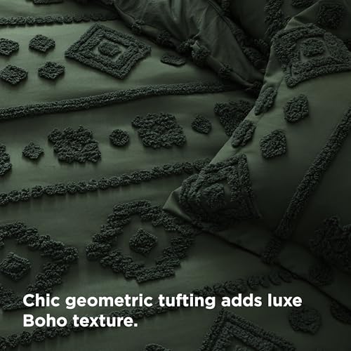 Bedsure Boho Duvet Cover Queen Size - Dark Green Tufted Boho Bedding, Farmhouse Shabby Chic Embroidery Bedding for All Seasons, 3 Pieces, 1 Soft Jacquard Queen Comforter Cover and 2 Pillow Shams Bedsure