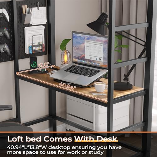 DICTAC Twin Loft Bed with Desk, Storage, and LED Lights - Black Metal Frame - WoodArtSupply