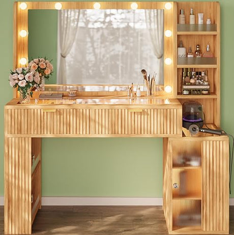 47'' Fluted Makeup Vanity Desk with Large 36" Mirror & Hollywood Bulbs, Smart RGB Lights, Glass Top Vanity with 5 Shelves, 2 RGB Drawers, Acrylic Cabinets, Wood Vanity with Charging Station,Oak DIYSET