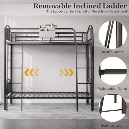 Decofy Twin Bunk Beds Twin Over Twin Industrial Bunkbeds Heavy Duty Metal Bunk Bed with Bedside Caddy, Convertible Ladder&Flat Rungs, Space Saving Bunkbed Frame for Bedroom Dorm, No Box Spring Needed Decofy