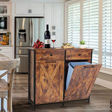 UEV Double Barn Door Style Trash Cabinet, Double Tilt Out Trash Cabinet with Solid Hideaway Drawer,Rustic Kitchen Trash Cabinet,Free Standing Wooden Kitchen Recycling Cabinet Trash Can Holder UEV