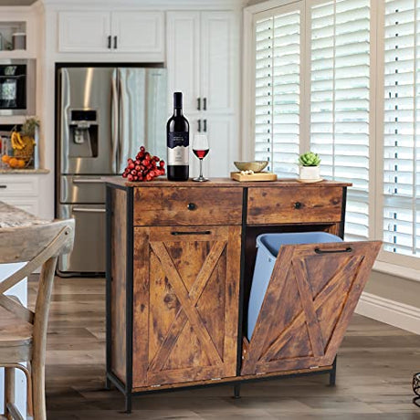 UEV Double Barn Door Style Trash Cabinet, Double Tilt Out Trash Cabinet with Solid Hideaway Drawer,Rustic Kitchen Trash Cabinet,Free Standing Wooden Kitchen Recycling Cabinet Trash Can Holder UEV