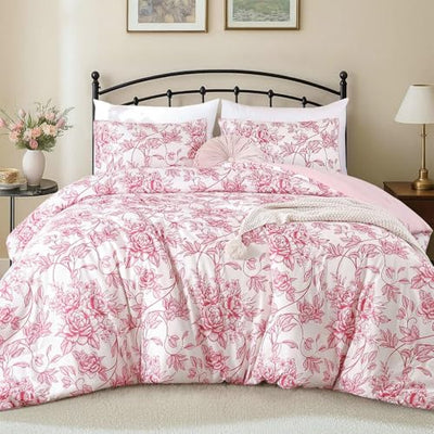 JANZAA Full Size Comforter Set Pink Comforter Floral Peony Pattern Bedding Sets 3 Pieces Flowers Soft Lightweight Warm Breathable 1 Bed Comforter (79"x90") with 2 Pillow Shams(20"x26")