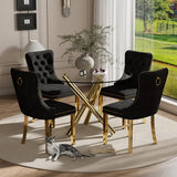 HAIZAO 5 Pieces Gold Round Glass Dining Table Set, Modern Luxury Circle Kitchen Set for 4, 36'' Clear Minimalist Circular Glass Top Dinner Room Set, Black High-end Tufted Chairs, for Small Place HAIZAO