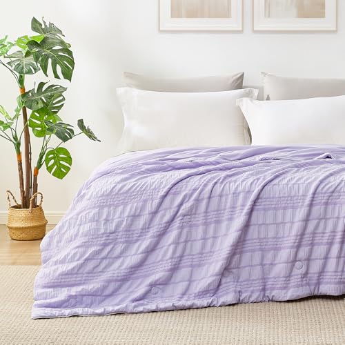 Cozy Bliss Seersucker Cooling Comforter Queen Size, Q-Max 0.45 Reversible Lightweight Cooling Blanket, Breathable Silk Smooth Summer Bedding Quilt for Hot Sleepers Night Sweats Purple Cozy Bliss