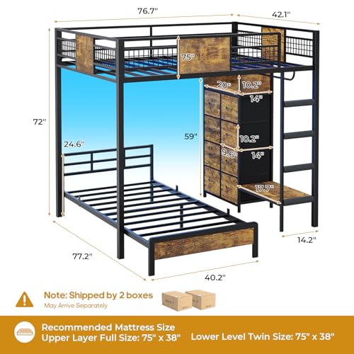 ADORNEVE Bunk Bed Twin Over Twin Size with 8 Storage Drawers, Twin Bunk Beds with Led Lights & Storage Shelves, Metal Loft Bed with 13.4" H Safety Guardrail & Ladder, for Kids & Teens, Black ADORNEVE