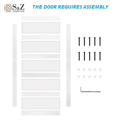 S&Z TOPHAND® 36 in x 84 in Glass Sliding MDF Barn Door with 6.6FT Sliding Door Hardware Kit, 5 Tempered Frosted Glass, Slab Inside Covered with Water-Proof PVC Surface, Simple DIY Assembly - WoodArtSupply