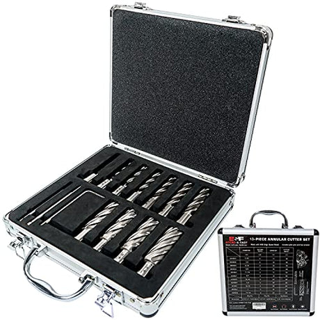 Annular Cutter Set 13 Pcs by S&F STEAD & FAST, Cutting Depth 2" Cutting Diameter 7/16" to 1-1/16" Inch, Mag Drill Bits Kit for Magnetic Drill Press, with 2 Pilot Pins S&F STEAD & FAST
