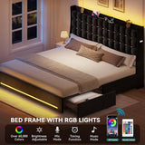 YITAHOME King Size Bed Frame with 4 Drawers and RGB LED Lights, Velvet Upholstered Platform Bed with Charging Station and Storage Headboard, No Box Spring Needed, Easy Assembly, Noise-Free, Black YITAHOME