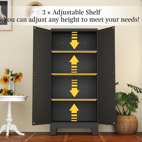 RISTERN Black Metal Storage Cabinet, 61" Steel File Cabinet for Home Office, Kitchen Pantry Storage Cabinet with Doors and 3 Adjustable Shelves, Metal Tool Cabinet, for Office, Home, Garage,  - WoodArtSupply