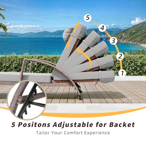 GAOMON Outdoor Lounge Chairs Set of 2, PE Rattan Wicker Chaise Lounge with Cushions and Wheels, Adjustable 5-Position, Patio Lounge Chairs for Outside Poolside Beach, Backyard Relaxation