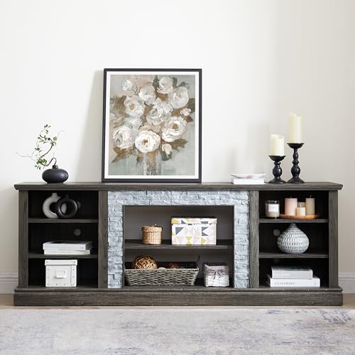 Jenvor TV Stand Large 75 Inch Media Console Table with Faux Stacked Stone Surround, Large Storage Cabinet, 6 Cable Cutouts, Adjustable Shelves, Grey 70.12" W x 15.35" D x 25.83" H Jenvor