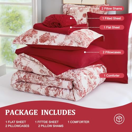 DJY King Size Comforter Set, Red 7 Pieces Bed in a Bag King Botanical Comforters with Sheets Elegant Plants Print Christmas Soft Microfiber Reversible Complete Bedding Sets for All Season