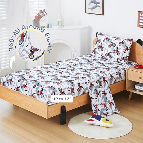 Viviland 3 Pieces Boys Grey Twin Sheet Set - Soft Microfiber Fitted Flat Sheets & Pillowcase - Red Motorcycle Print Bedding Sets - for Kids & Toddlers Viviland