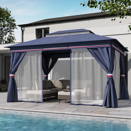 LAUSAINT HOME Outdoor Patio Gazebo 10'x13' with Expansion Bolts, Heavy Duty Gazebos Shelter Party Tent with Double Roofs, Mosquito Nettings and Privacy Screens for Backyard, Garden, Lawn, Elegant Blue LAUSAINT HOME