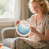 FONNUY Beach Ocean Embroidery Kit, Cross Stitch Kits for Beginners, Handmade Crafts with Printed Patterns for Beginner Adults, Easy to Follow Color Thread Needlework, 8'' Hoop (Ocean)