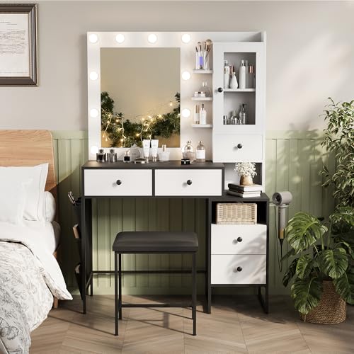 YIKEHOME 39" W Vanity Desk with Mirror, Makeup Vanity Set with Power Outlet and Comfortable Bench, Big Dressing Table with Lights Mirror and Drawers for Makeup, Modern Vanity for Bedroom Black YIKEHOME