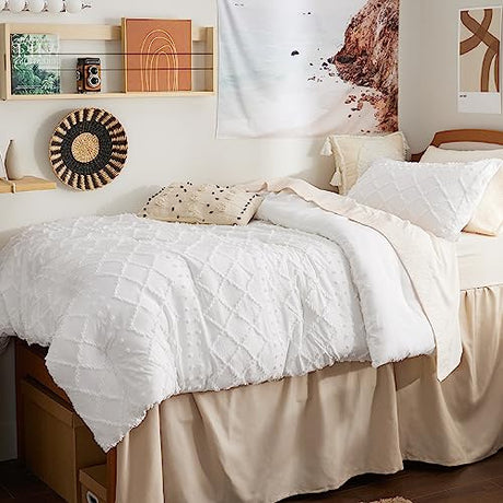 Bedsure Twin Comforter Set - White Boho Twin Comforter, Shabby Chic Dorm Bedding Set for Kids, 2 Pieces Modern Farmhouse Bed Set, Includes 1 Pillow Sham Bedsure