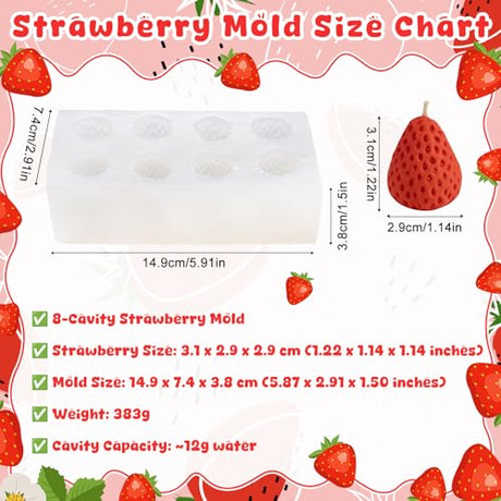8 Cavity 3D Strawberry Silicone Mold, Candle Mold for Soap, Wax Melt, Cake Decorating, Chocolate Candy Baking DIY Crafts Supplies - Non-Stick Easy Release Strawberry Molds for Homemade Treats & Gifts Liobelon