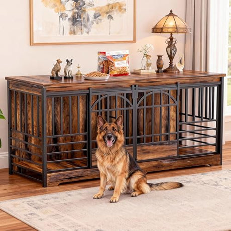 COZPAW 78 Inch Double Dog Crate Furniture, Extra Large Dog Kennel Indoor for 2 Dogs, Heavy Duty Dog Cage with Divider, Wooden Dog House Decorative Table TV Stand for XLarge Dogs (Cognac Brown) COZPAW