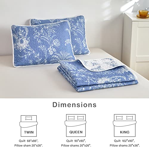 Flysheep Reversible Quilt Set Full Queen Size, 3 Pieces White Blue Botanical Floral Printed Summer Bedding Set, Soft Microfiber Lightweight Bedspread/Coverlet for All Season - 92"x90" Flysheep