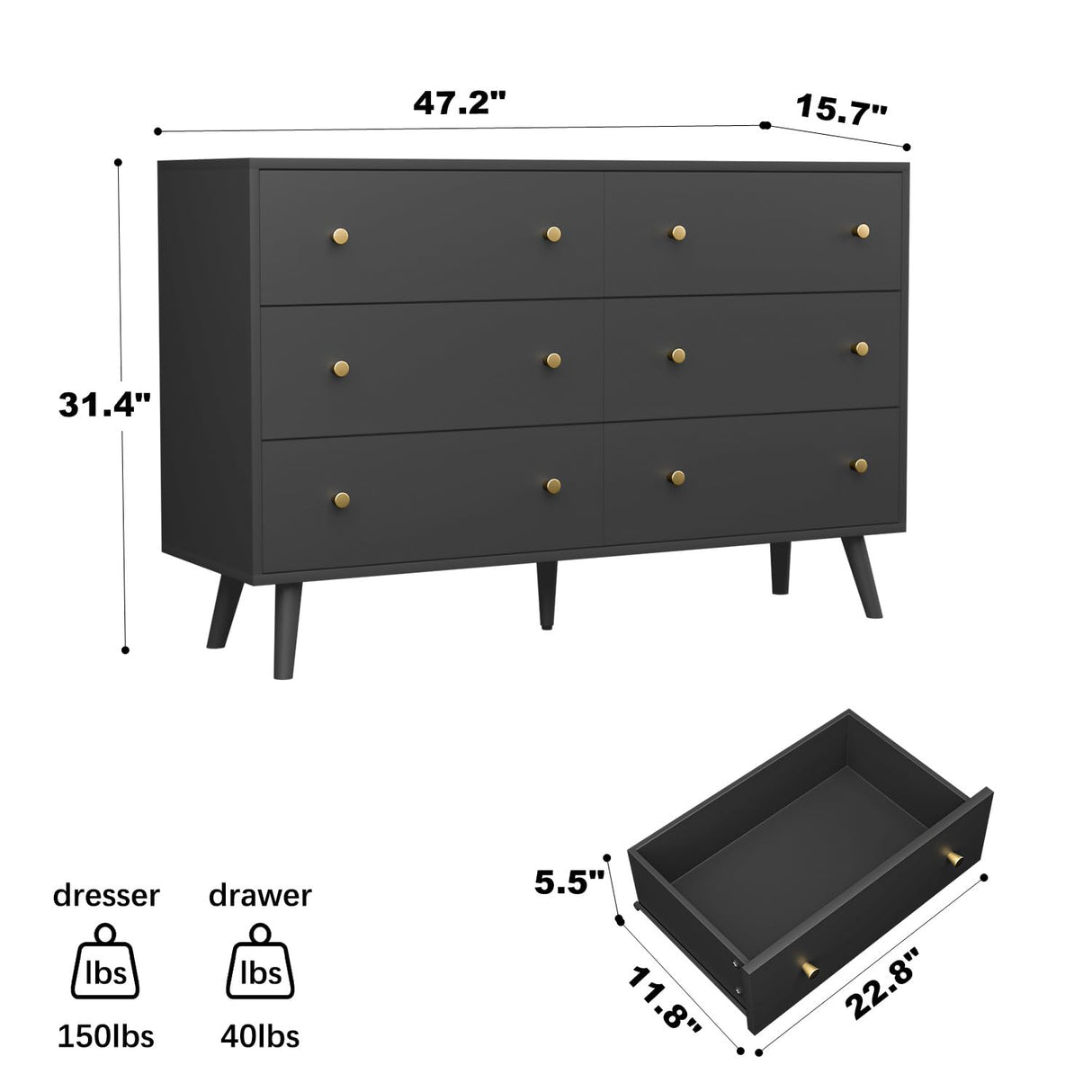 HOUROM Black Dresser, Modern 6 Drawer Double Dressers, Wood Chest of Drawers for Living Room, Hallway, Entryway HOUROM