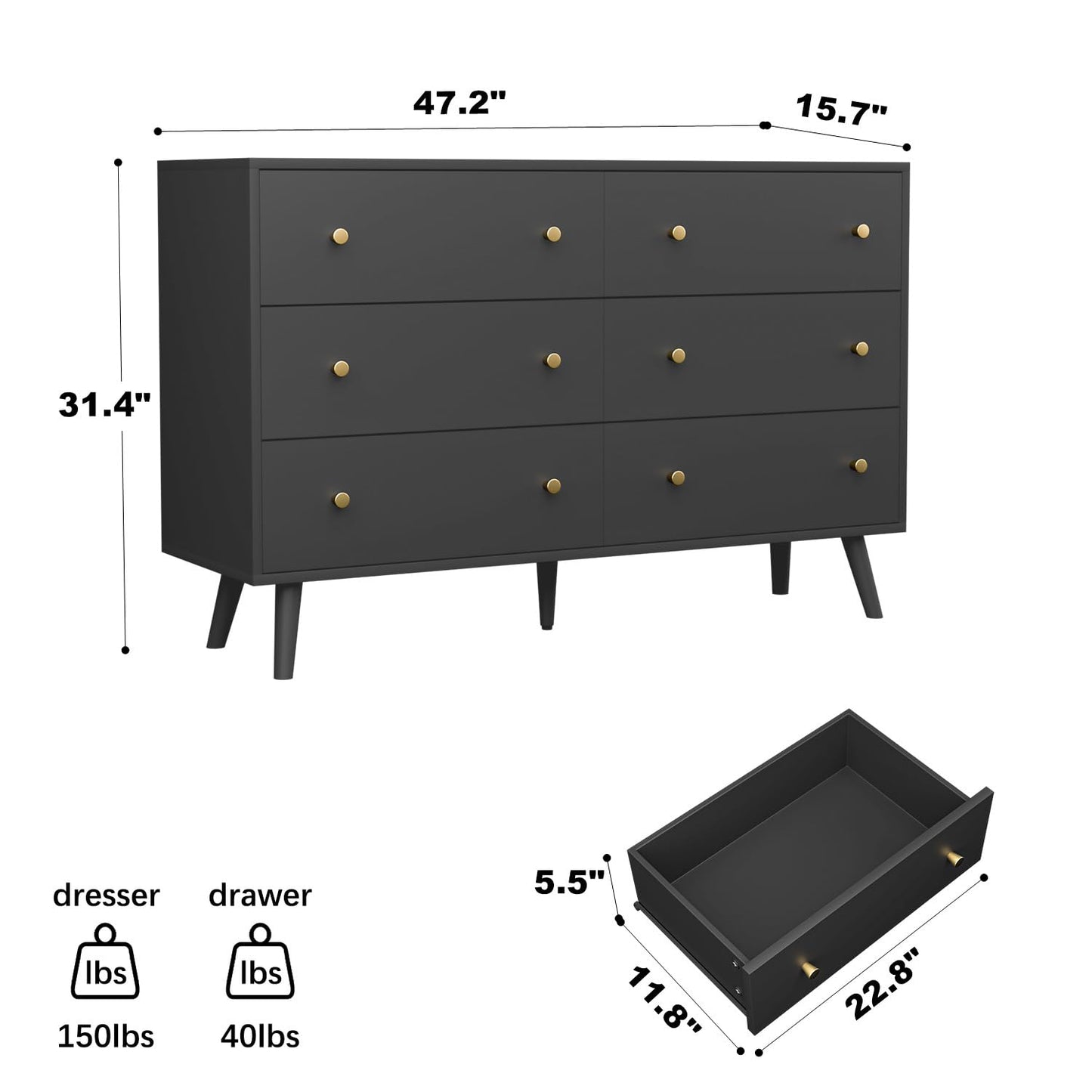 HOUROM Black Dresser, Modern 6 Drawer Double Dressers, Wood Chest of Drawers for Living Room, Hallway, Entryway - WoodArtSupply