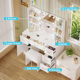 Teousev Vanity Desk with Mirror,Make up Vanity with 1 Stool 6 Drawers 6 Shelves & LED Mirror,3 Modes Light Adjustable,Vanity Desk for Bedroom,White,39.5" L*15.8" W*55.2" H. Teousev