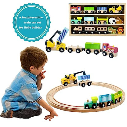 Wooden Trains Cars with Crane Magnetic Train 10pcs Wooden Train Toys with Animals for Wooden Train Tracks Train Sets for Toddlers and Kids Ages 3+ - WoodArtSupply